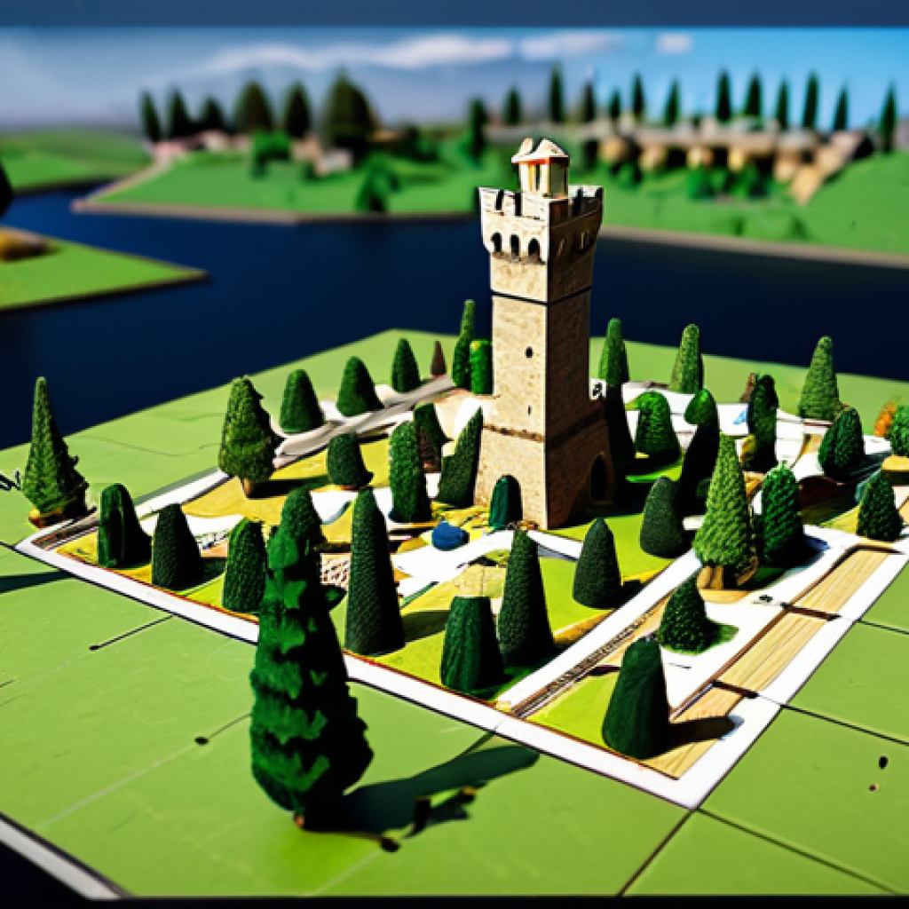 ** "A strategy board game setup depicting a Roblox Tower Defense scenario. Miniature tower models are arranged strategically on a map resembling an Italian landscape, perhaps Tuscany. Fully clothed players are brainstorming tactics around the board. Family-friendly, safe for work, appropriate content, professional lighting, detailed miniature design, clear strategy visualization, perfect anatomy, natural proportions, modest." **