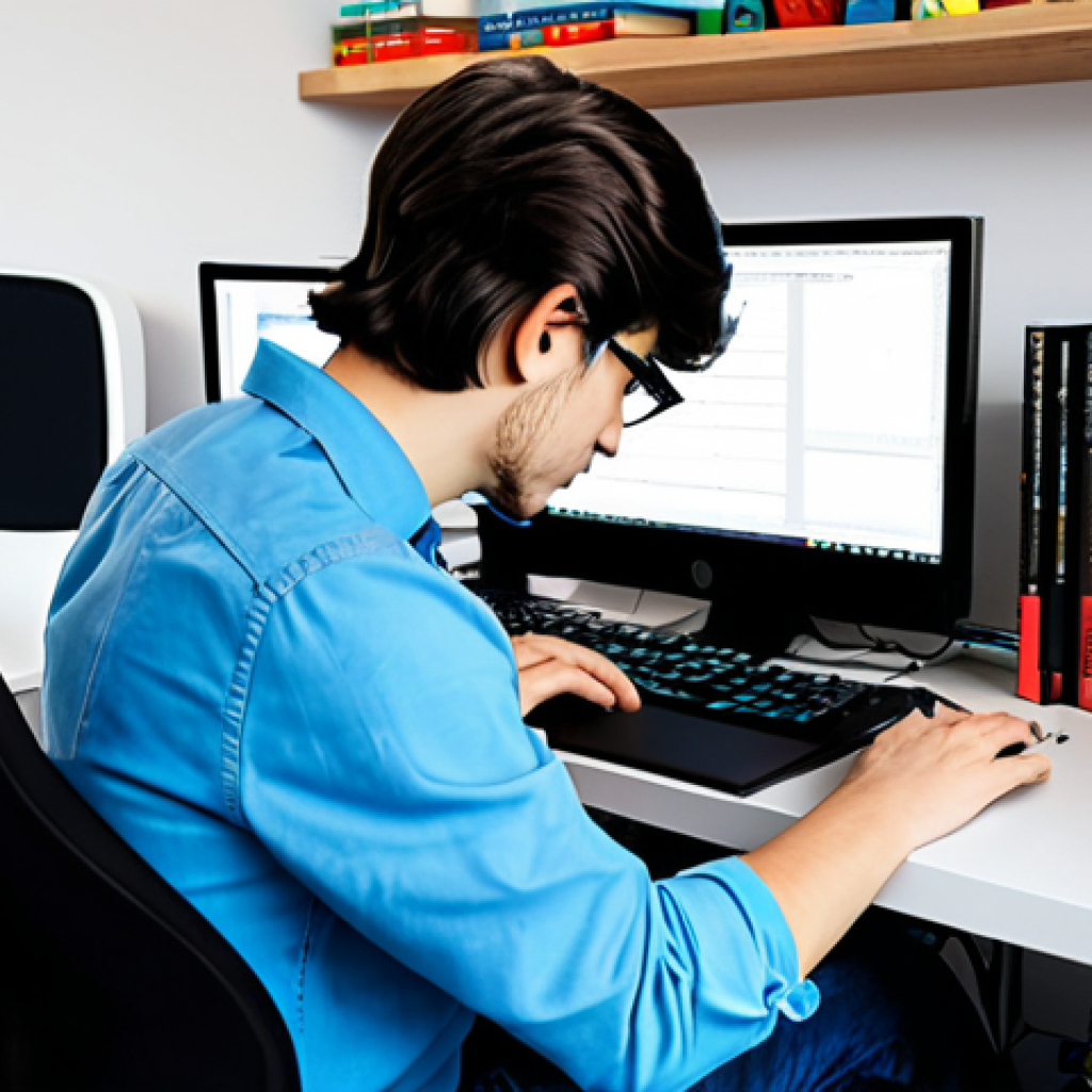 ** "A young Italian game developer in a modern, well-lit home office, coding on a computer with Roblox Studio open. He is wearing a casual but professional outfit: a collared shirt and jeans, fully clothed. Books on game design and programming are visible on the shelves in the background. Perfect anatomy, correct proportions, natural pose, well-formed hands, proper finger count. Safe for work, appropriate content, family-friendly, professional." **