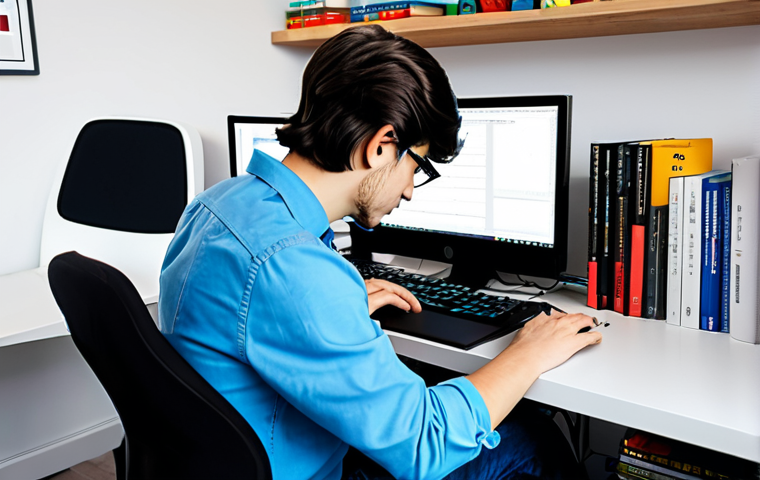 ** "A young Italian game developer in a modern, well-lit home office, coding on a computer with Roblox Studio open. He is wearing a casual but professional outfit: a collared shirt and jeans, fully clothed. Books on game design and programming are visible on the shelves in the background. Perfect anatomy, correct proportions, natural pose, well-formed hands, proper finger count. Safe for work, appropriate content, family-friendly, professional." **