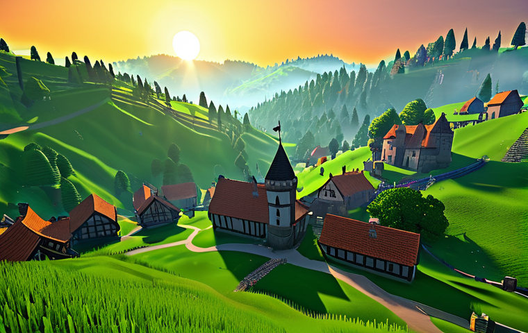 ** "A vibrant and detailed Roblox landscape showcasing the updated graphics. Lush green hills dotted with medieval-style villages, bathed in the warm light of a setting sun. Knights in shining armor reflect the light realistically. In the distance, a mystical forest shrouded in fog. Style: high-resolution digital art, enhanced textures, dynamic lighting. Safe for work, appropriate content, fully clothed, family-friendly, perfect anatomy, natural proportions, professional." **