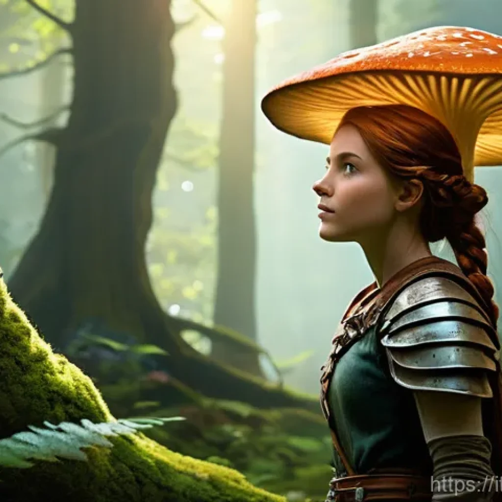로블록스 VR 모드 설정법 - A vibrant, fantastical forest scene. A young female adventurer, about 15 years old, with flowing aub...