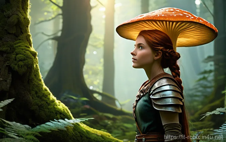 로블록스 VR 모드 설정법 - A vibrant, fantastical forest scene. A young female adventurer, about 15 years old, with flowing aub...