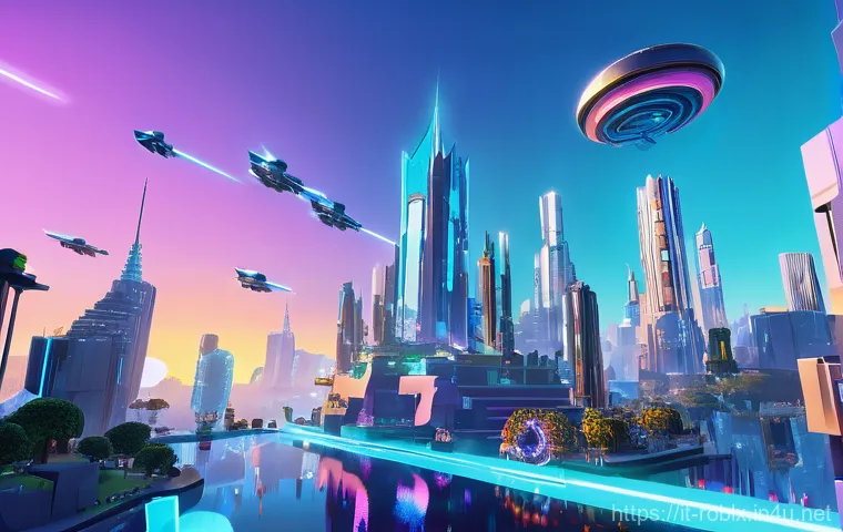 로블록스 관리자 권한 신청법 - **Prompt:** A dynamic, high-angle shot of a diverse group of Roblox-style avatars in a futuristic, v...