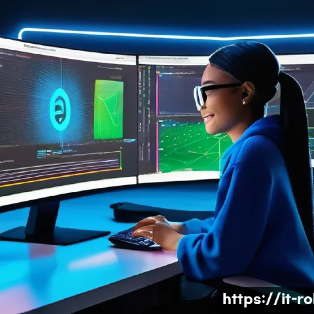로블록스 크리에이터 수익 모델 - **Prompt 1: The Visionary Roblox Creator's Workshop** A vibrant, medium shot image depicting a d...