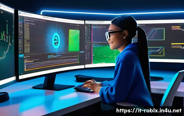 로블록스 크리에이터 수익 모델 - **Prompt 1: The Visionary Roblox Creator's Workshop** A vibrant, medium shot image depicting a d...