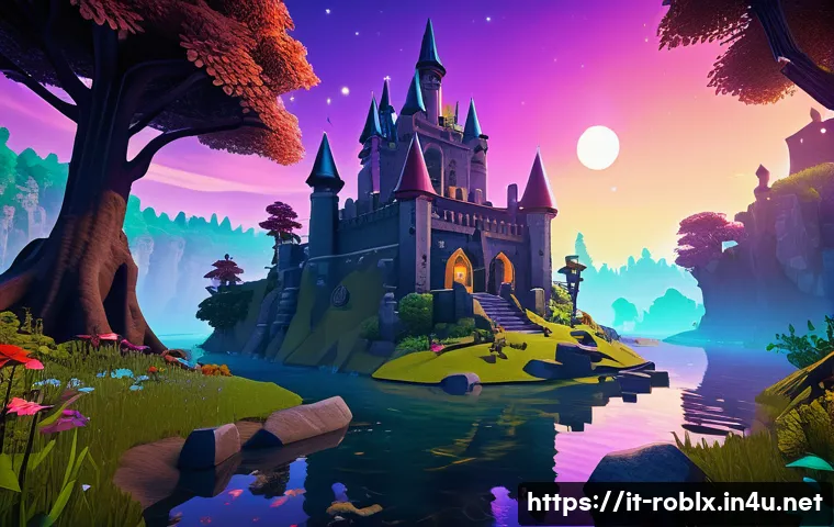 로블록스 인기 게임 유형 - A vibrant and detailed virtual fantasy adventure scene in Roblox style, featuring a group of players...