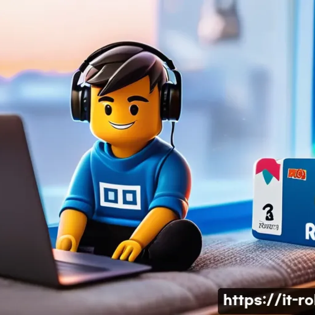 로블록스 로벅스 충전 팁 - A vibrant, detailed illustration of a young gamer sitting comfortably in a cozy living room, holding...
