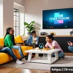 로블록스 텍스트 채팅 명령어 - A vibrant, detailed scene of a group of diverse teenagers playing Roblox together in a cozy, modern ...