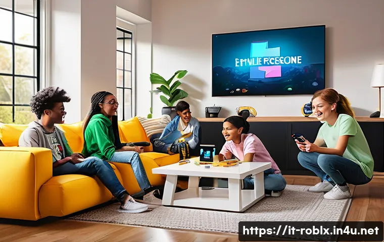 로블록스 텍스트 채팅 명령어 - A vibrant, detailed scene of a group of diverse teenagers playing Roblox together in a cozy, modern ...