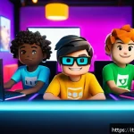 로블록스 개인 서버 만들기 - A cozy, vibrant Roblox private gaming room scene featuring a diverse group of friends aged around 15...