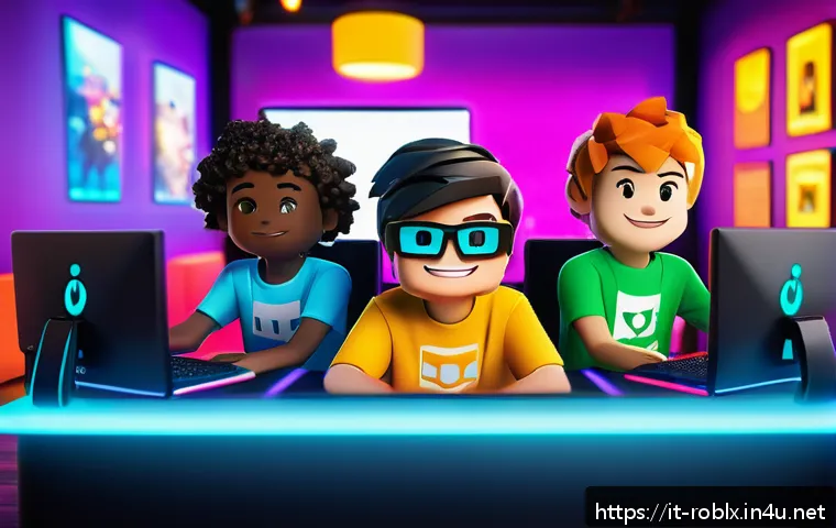 로블록스 개인 서버 만들기 - A cozy, vibrant Roblox private gaming room scene featuring a diverse group of friends aged around 15...