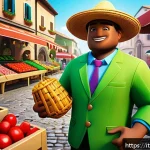 로블록스 NPC 스크립트 작성 - A detailed digital illustration of a Roblox NPC merchant character standing in a vibrant Italian mar...