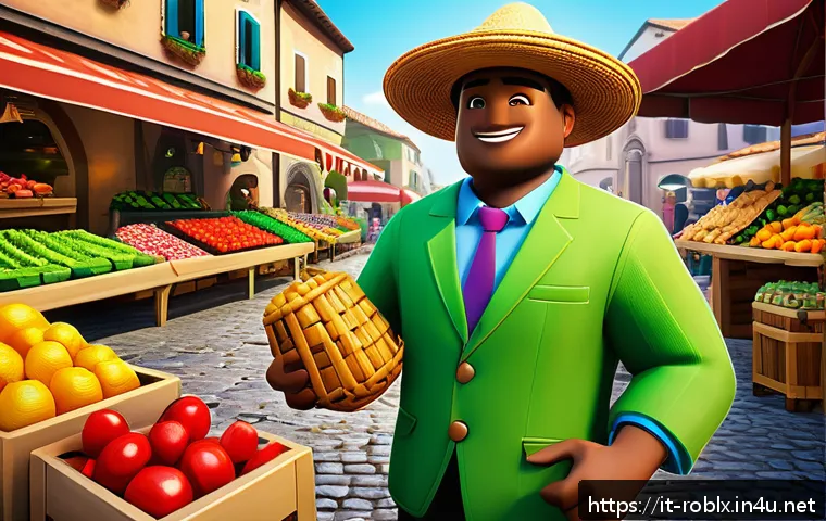 로블록스 NPC 스크립트 작성 - A detailed digital illustration of a Roblox NPC merchant character standing in a vibrant Italian mar...