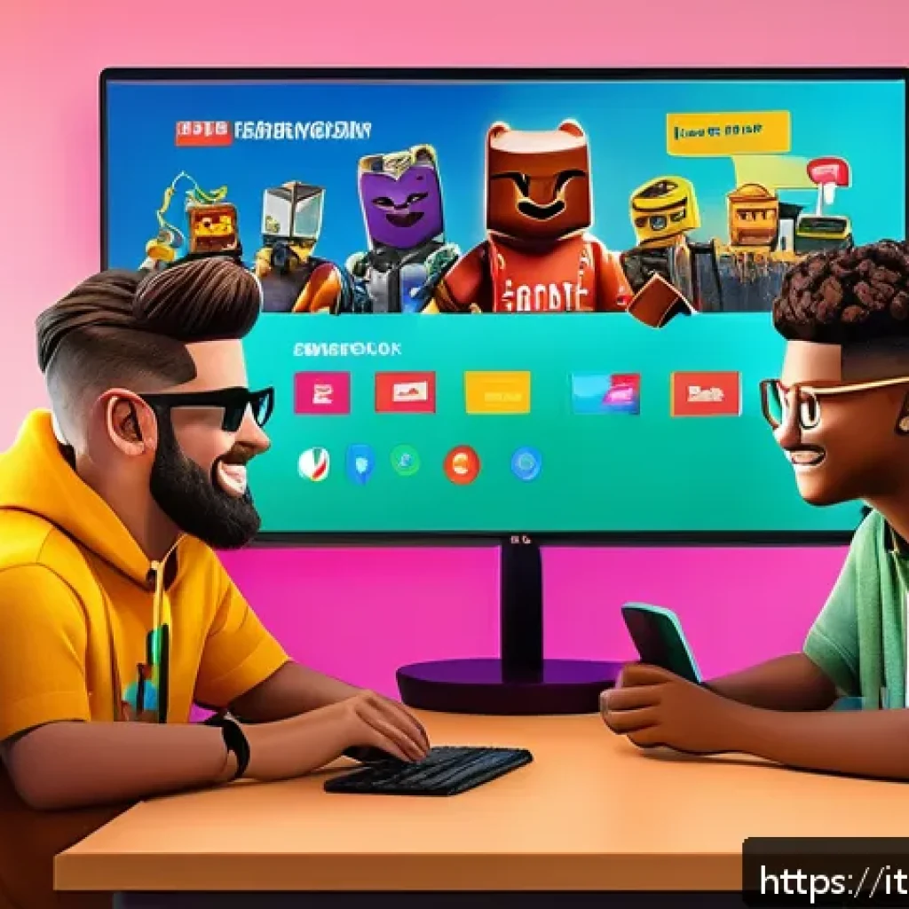 로블록스 아이템 거래법 - A vibrant digital illustration of a diverse group of young Roblox players gathered around a computer...