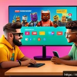 로블록스 아이템 거래법 - A vibrant digital illustration of a diverse group of young Roblox players gathered around a computer...
