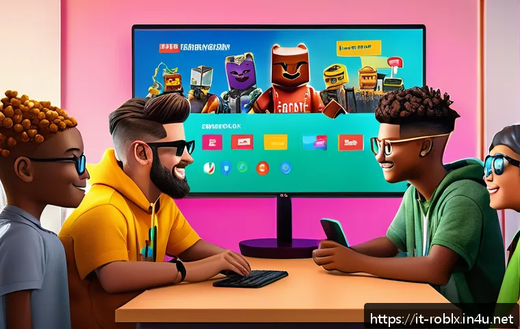 로블록스 아이템 거래법 - A vibrant digital illustration of a diverse group of young Roblox players gathered around a computer...
