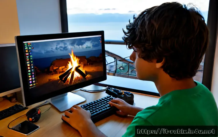 로블록스 생존 게임 리뷰 - Photorealistic Italian teenage gamer reviewing a colorful block-style survival adventure on a deskto...
